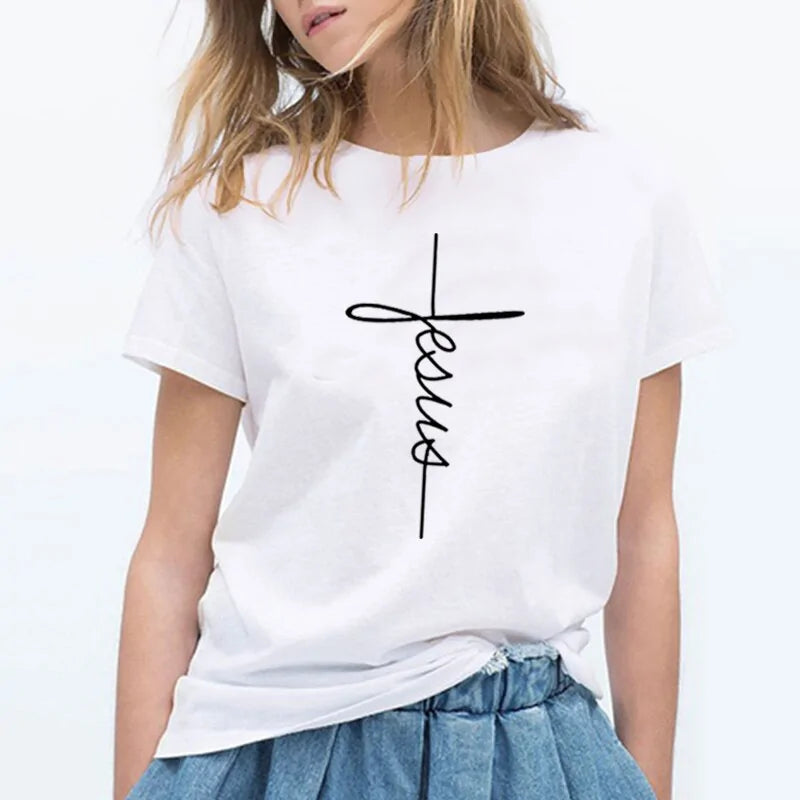 Jesus Cross Print Women T Shirt